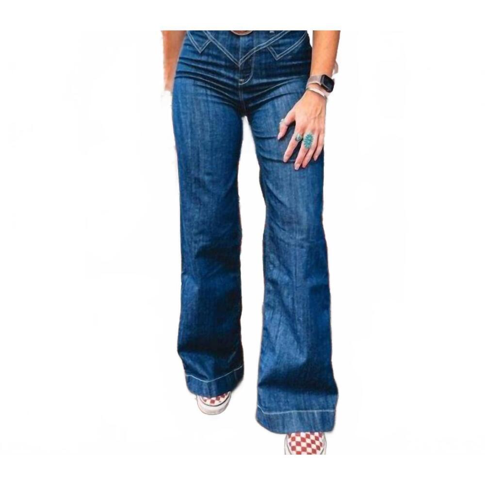 NEW PRETTY BASH vintage stitch high waist cuff jeans in sail blue